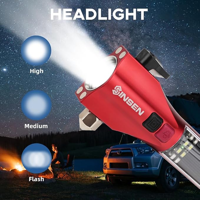 SINSEN Emergency Flashlight for Car, Seatbelt Cutter Window Breaker, 16-in-1 Multifunctional Safety Tool—Glass Hammer/Bright Solar Torch/Rechargeable/Rescue Alarm & Beacon/Repair Magnet