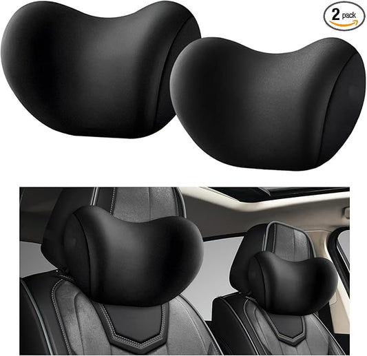 2 PCS Car Headrest Cushion, Ergonomic Memory Foam Car Neck Back Support w/Removable Cover, Universal Breathable Lumbar Cushion Headrest Pillow with Adjusatble Strap (Black)