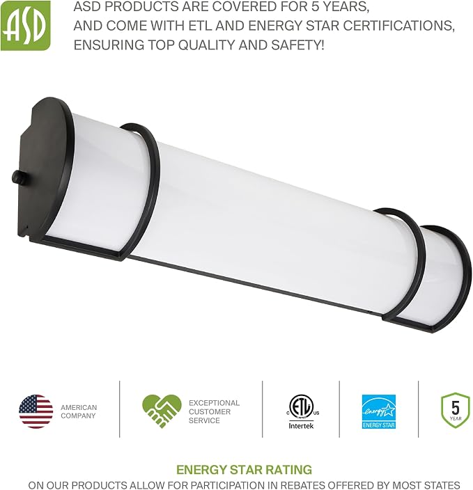 ASD LED 36" Vanity Flush Mount Light Fixture, Linear Bathroom Lighting Bar | 3CCT, Dimmable, Energy Star, ETL Listed | 30W 2650LM 3000-5000K 120V | Long Bath Wall Sconce Over Mirror | Black, 2 Pack