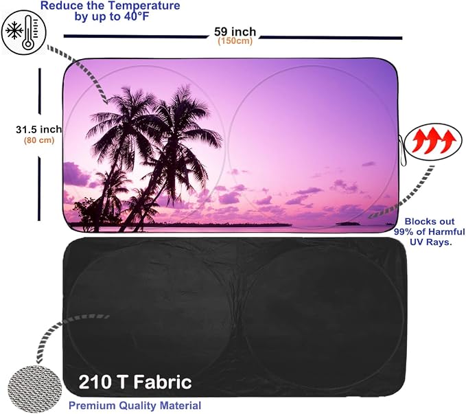 Gven Sunshade for Car Windshield with Tropical Palm Tree Design- UV Protection& Heat Blocking Sunshade for Cars Sedan SUV Truck| Keep Car Cool in Summer Beach Vacation Style (Sunset, S)