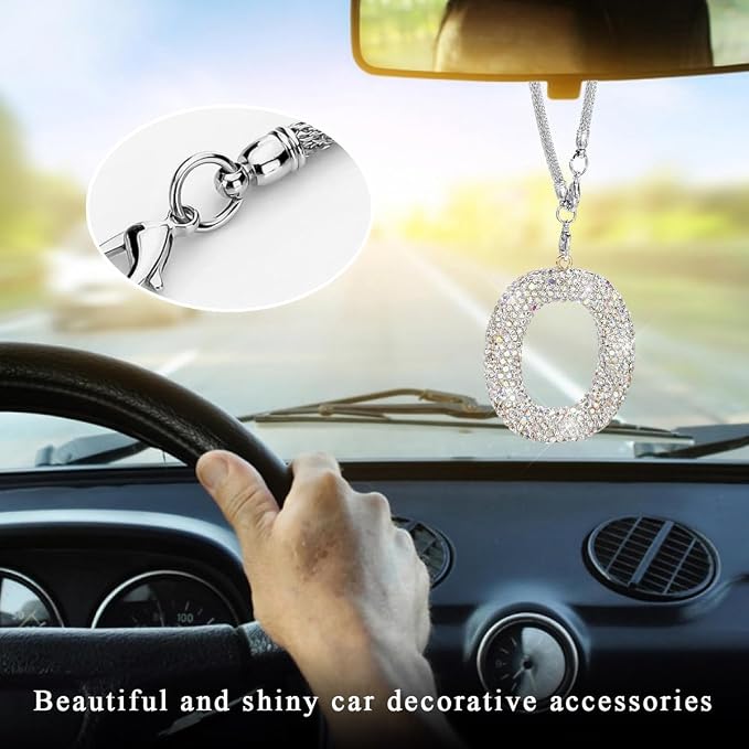 DXNQ Bling Initial Car Rear View Mirror Ornament, Crystal Sparkling Cute Letter Charm Pendant Auto Decor, Hanging Lucky Diamond Initial Charm Car Mirror Bag Ornament for Girl Women (Letter O)