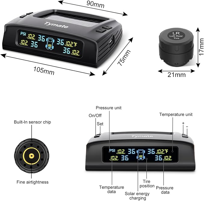 Tymate TM2 RV Tire Pressure Monitoring System, Solar Charge TPMS, 6 Sensors & 5 Alarm Modes, Color Display, W/Repeater for Longer Distance Transmission, 0-144 PSI for RV Trailer Camper Fifth Wheel