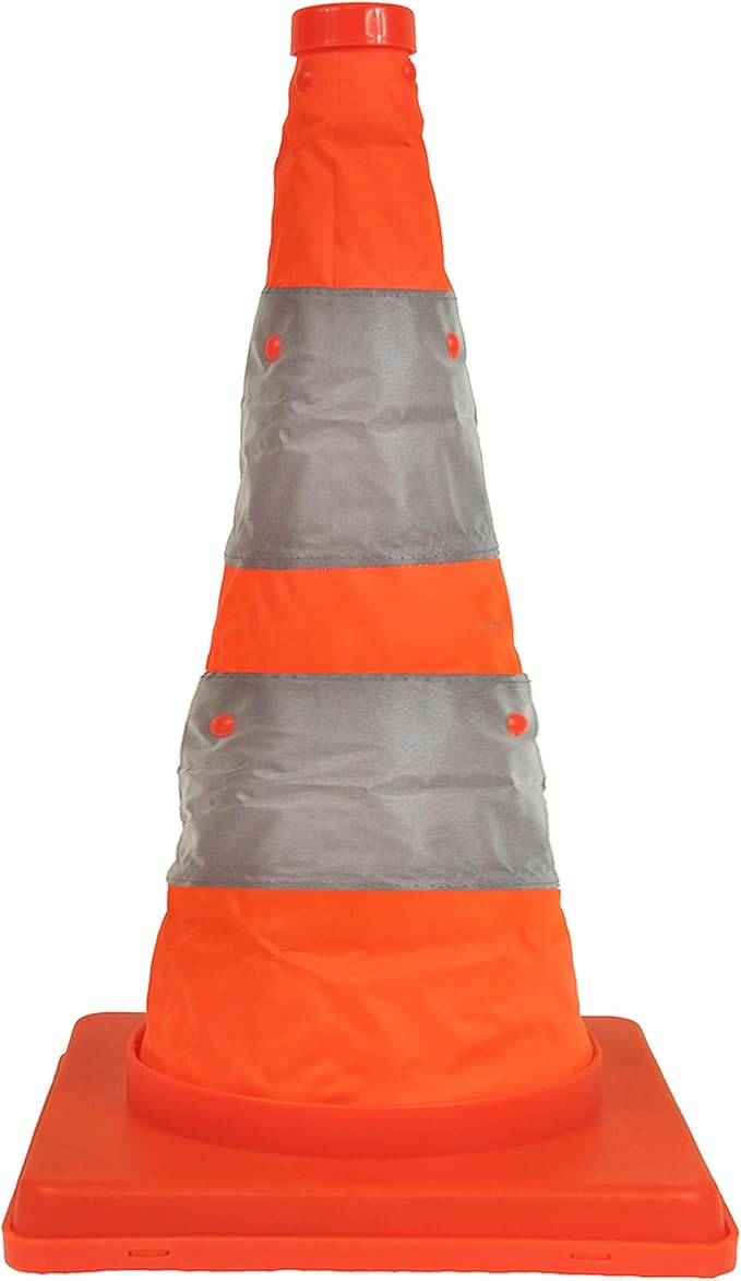 Eurow Reflective Collapsible Safety Cone, LED Light with 3 Modes, High-Visibility Orange, Reflective Stripes, Compact Folding Design for Roadside Emergencies, Traffic Control, and Work Zones, 28-Inch