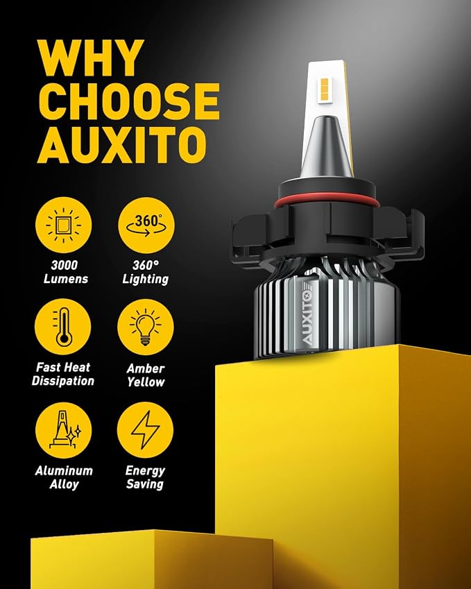 AUXITO 5202 LED Fog Light Bulbs Yellow Amber 3000K, Pack of 2 | 400% Brighter 6000 Lumens 30W High Power, 5201 PS24W PS19W 9009 12086 Fog Lamps LED DRL Bulbs Replacement for Cars Trucks