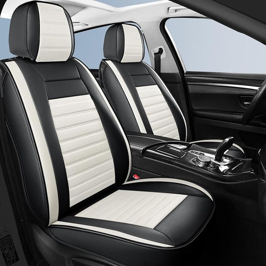 HChengkikz Front Car Seat Cover, Faux Leather, Waterproof (Black + White) | Breathable, Airbag Compatible, Easy Maintenance, Universal Fit for Most Sedans SUVs Pick-ups Trucks