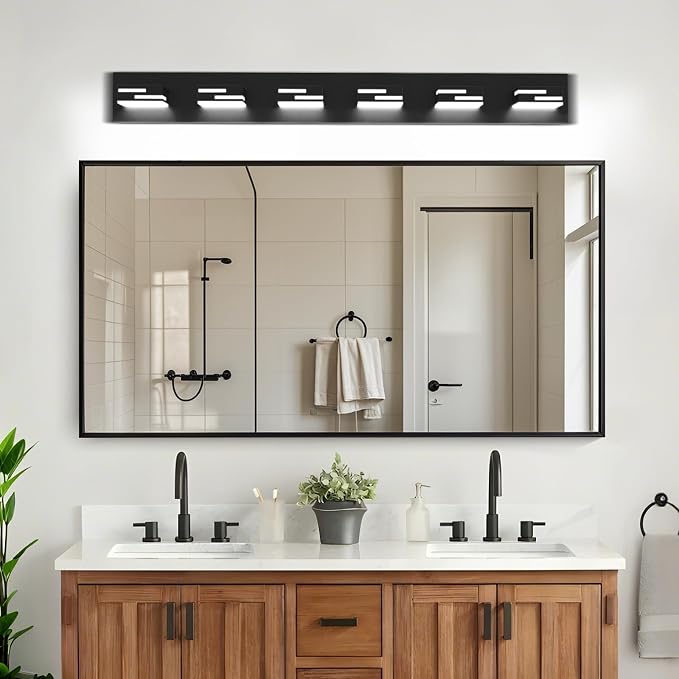 LED Modern Bathroom Vanity Light Fixtures, Dimmable Matte Black Vanity Lights for Bathroom Lighting Fixtures Over Mirror, with 360° Rotatable Acrylic Heads 6-Light 42-inch (Cool White 6000K)