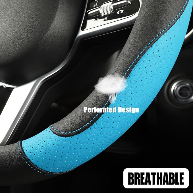 Black Blue Microfiber Leather Steering Wheel Cover 14 inch | Breathable Anti Slip Grip Cool Sporty Look Glow for Women Men