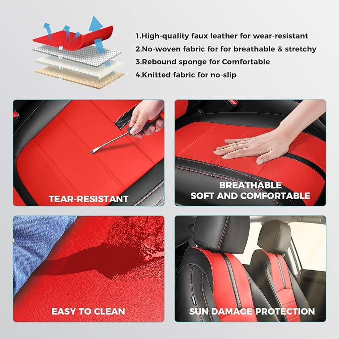 Seat Covers for Honda Civic Sedan LX 2016 2017 2018 2019 2020 2021, Faux Leather Car Seats Cover Full Set Waterproof, Black Red (Solid Rear Seatback - No Rear Armrest)