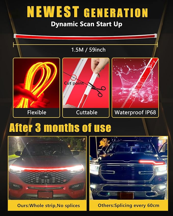 YM E-Bright Led Hood Light Strip Exterior Car Led Strip Light Waterproof Flexible DRL Dynamic Scan Start Up Hoodbeam Kit Daytime Running Lights for Car, Truck, SUV, 12V 59inch, Red, 1 Set