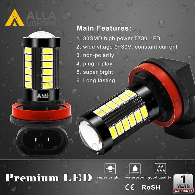 Alla Lighting Super Bright H16 LED Fog Light Bulbs, 6000K Xenon White 2800Lms Auto H8 H11 Auto 12V Fog Lamps Replacement 5730 33-SMD LEDs