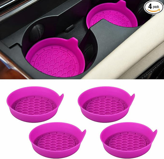 4 PCS Car Cup Holder Coaster, 3.15 in Non-Slip Silicone,Dark Purple | Cup holder insert, spill proof ,raised lip, honeycomb base, rinse clean, fits most sedans suvs trucks, automotive accessories