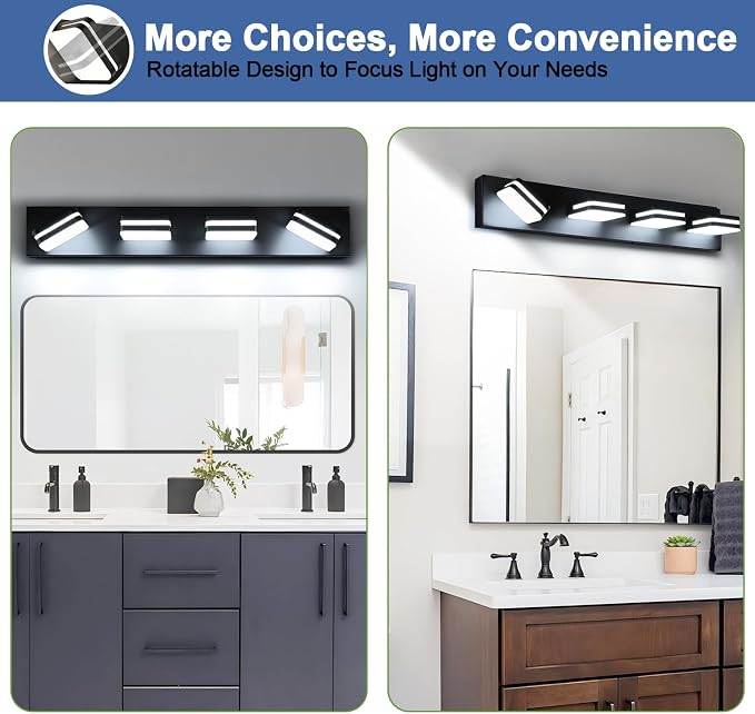 Torondo 360° Rotate LED Bathroom Vanity Light Fixtures, Acrylic Vanity Lights for Bathroom, Modern Wall Lighting Fixtures Over Mirror Living, Matte Black, Natural White, 4-Light, 27-Inch