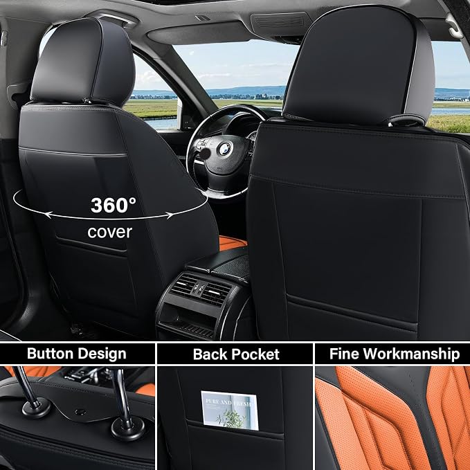 Coverado Seat Covers, Car Seat Covers Front Seats, Leather Seat Covers for Cars, Waterproof Automotive Seat Covers Car Seat Protector Car Seat Cushion Universal Fit for Most Cars Trucks(Black&Orange)