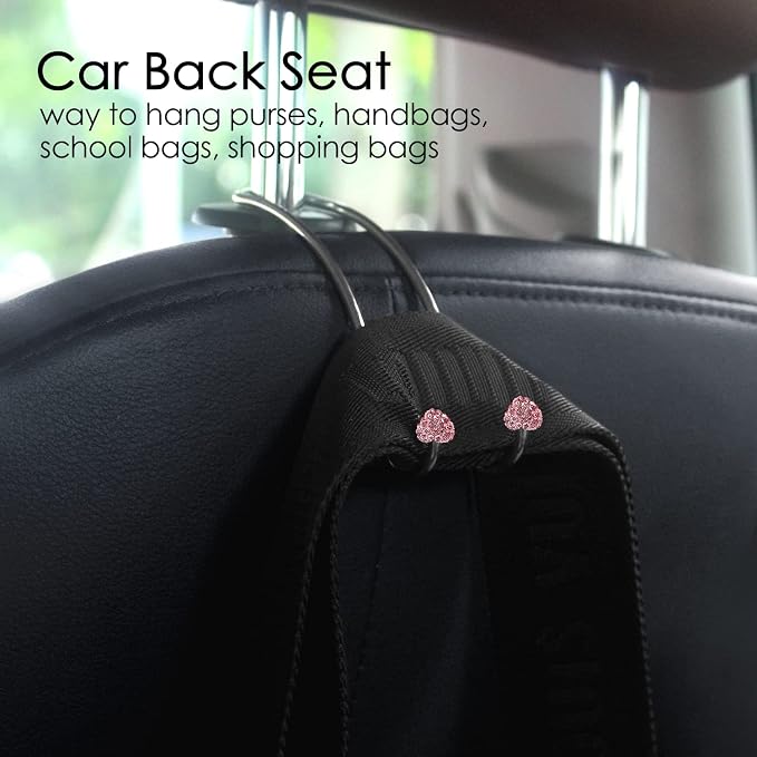 Pink Car Accessories for Women , 2 Pcs Hot Pink Car Decor Hooks for Purses and Bags, Durable Backseat Holder, Cute Heart-Style Heavy-duty Purse Hook Hangers, Storage Universal for SUV Truck & Van