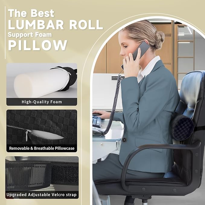 Coeyese Lumbar Roll Pillow for Lower Back Support, Black, Short-11 * 4.3'' | Removable Pillowcase, Upgraded Adjustable Strap, Suitable for Office, Chair, Car, Seat Pain Relief & Improving Posture