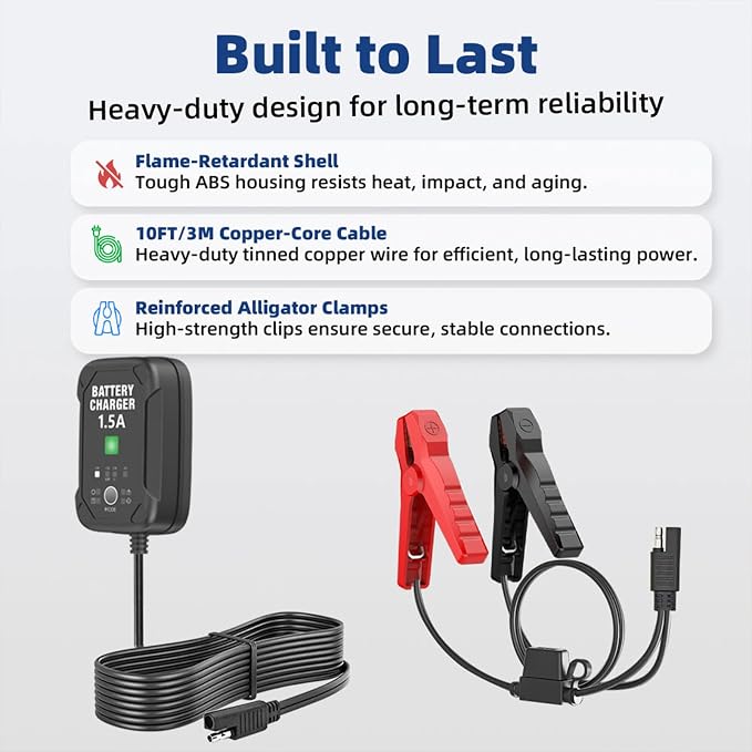 1.5A 6V/12V Car Battery Charger – Automatic Trickle Charger, Battery Maintainer & Desulfator with Overcharge Protection & Temperature Compensation – For Lead Acid, AGM, Gel, Lithium(LiFePO4) Batteries