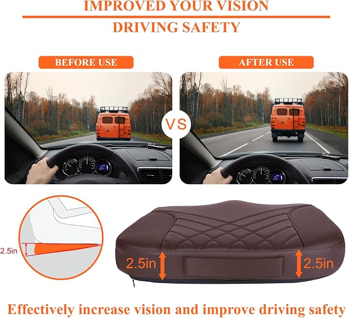 kingphenix Premium Car Seat Cushion, Memory Foam Driver Seat Cushion to Improve Driving View- Coccyx & Lower Back Pain Relief - Seat Cushion for Car, Truck, Office Chair (Leather Brown)