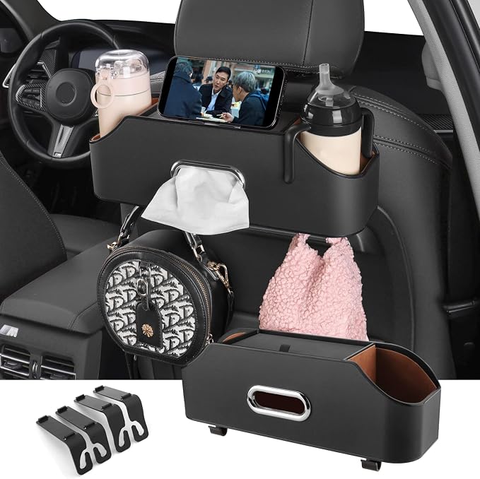 HOLDCY Car Back Seat Organizer with 2 Drink Cup Holder - Tissue Box and Storage Box Hook - Multi-functional Storage - Great for Kids and Travel (Black)