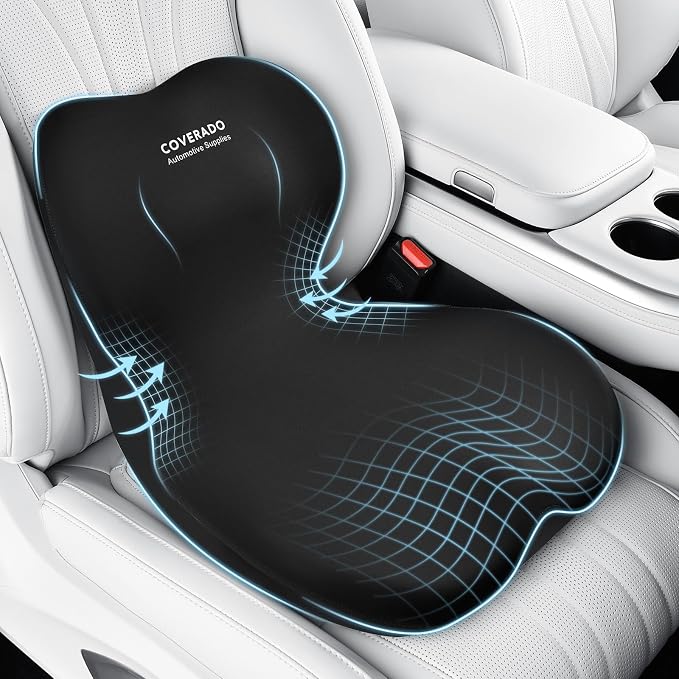 Coverado Car Seat Cushion and Lumbar Support Pillow One Piece, Memory Foam Ergonomic Back Support Driving Seat Cushion for Back Pain, Non-Slip Washable Cushion for Car, Driver, Office