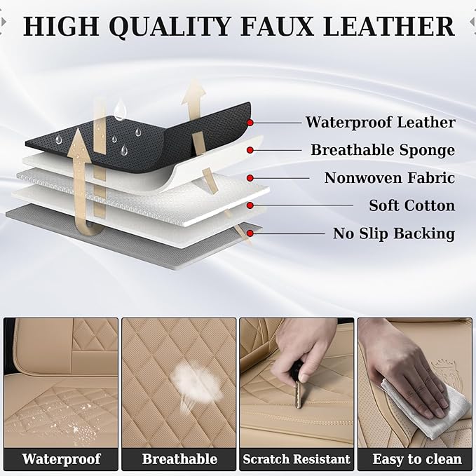 Coverado Front Seat Covers, Luxury Faux Leather Waterproof Seat Cover, Beige Car Seat Protector, Car Seat Cover Front Seats, Automotive Seat Covers Universal Fit for Most Cars (Front, Beige)