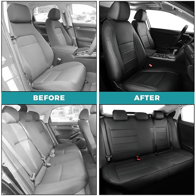 Seat Covers for Honda Civic Sedan Sport 2022 2023 2024 & LX 2022-2026, Custom Faux Leather Car Seats Cover Full Set Waterproof - Black (Solid Rear Seatback - NO Rear Armrest)