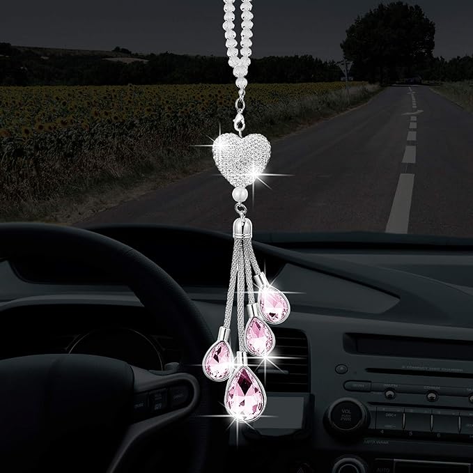 Frienda Bling Car Rear View Mirror Accessories for Women Gift Cute Heart Crystal Hanging Charm Diamond Decoration Lucky Interior Ornament Pendant(9.8 Inch,Pink)