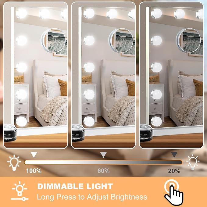 Moonee Vanity Mirror with Lights, Hollywood Lighted Makeup Mirror with 24 Dimmable Bulbs and 10X Magnification, 3 Colors Modes, Aluminum Metal Frame, Light Up Mirror for Tabletop/Wall（48" x 30"）