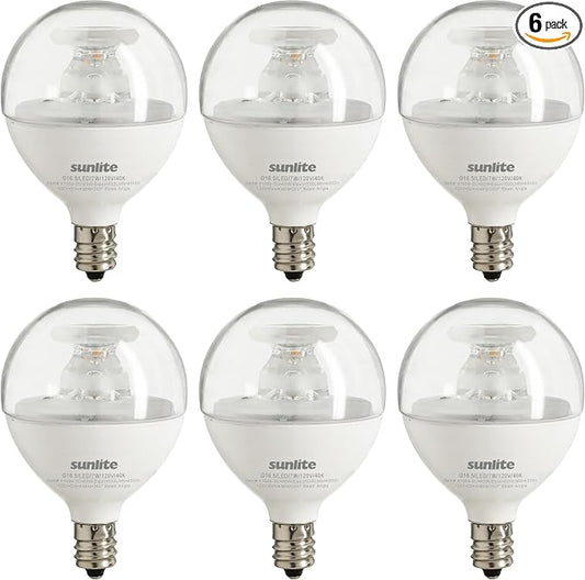Sunlite G16.5 Light Bulb LED, 7 Watts (60W Equiv.), 500 Lumens, Dimmable, Type G Globe Shape E12 Candelabra Base, Short Bulbs, Vanity Mirror Bulbs, 4000K Cool White, Clear, 6 Count