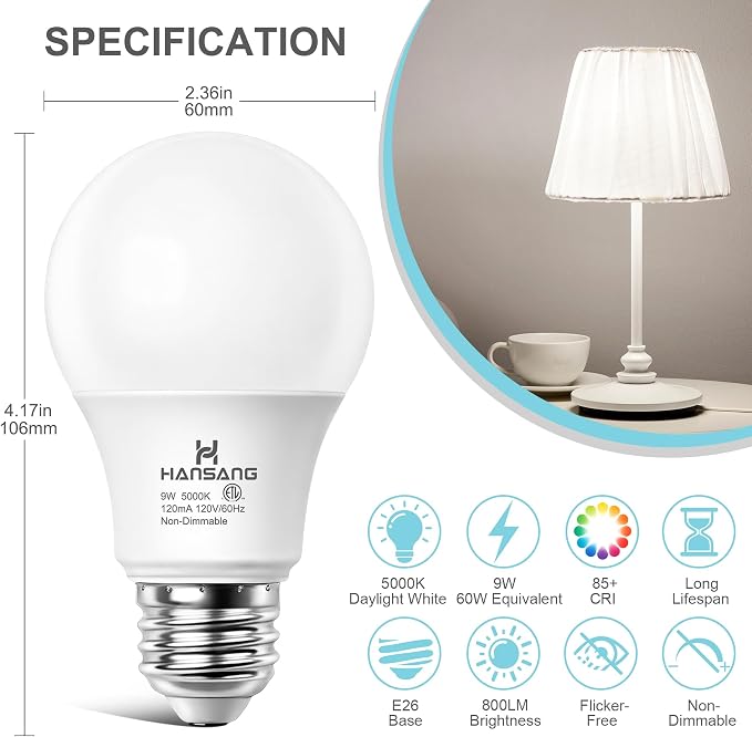 12 Pack A19 LED Light Bulbs, 60W Equivalent, Daylight Light 5000K LED Bulb with E26 Standard Base, Efficient 9W, Non-Dimmable, 800 Lumens, 120V, CRI 85, Eye-Friendly for Bedroom Living Room