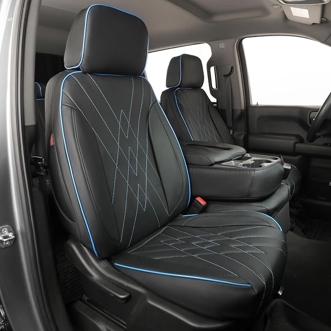 EKR Silverado Seat Covers Custom Fit for (Crew Cab) 2019-2026 Chevrolet Silverado 1500/1500 Limited/HD 2500/3500, Rear Row W/Armrest,Faux Leather (Black with Blue Trim)