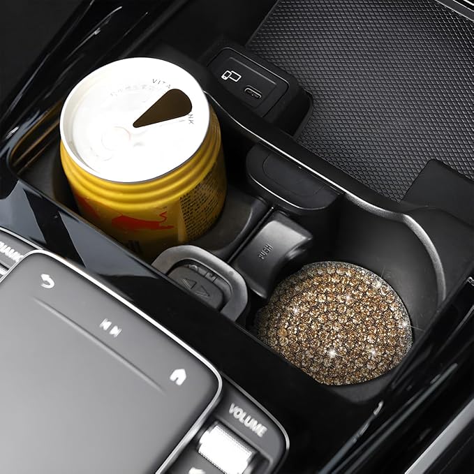 Bling Car Cup Holder Coaster, 2PCS 2.75 Inch Crystal Rhinestone Anti Slip Vehicle Drink Cup Mat for Women Girls, Auto Interior Embedded in Ornaments. Universal for SUV RV Truck (Gold)
