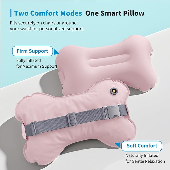Mixtrend Travel Lumbar Pillow – Inflatable Memory Foam Back Support Cushion for Airplane, Car, Office Chair, Long Flight – Ergonomic Pain Relief for Women, Men & Kids（Blush Pink）