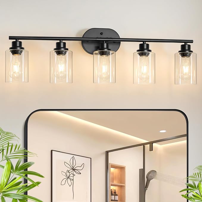 Unicozin 5 Light Bathroom Light Fixtures,33.5 Inch Vanity Lights for Bathroom, Lacquered Black Wall Lamp with Clear Glass for Mirror, Living Room, Hallway, Cabinet, E26 Base