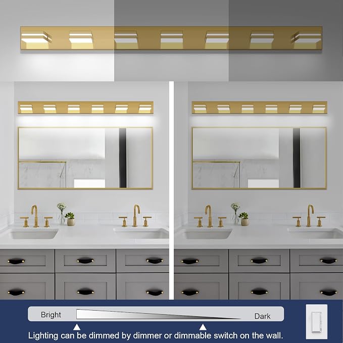 SineRise LED Modern Bathroom Vanity Light Fixtures (7-Light, 55-Inch, Dimmable), Brass Modern Acrylic Bathroom Wall Lighting Fixtures Over Mirror (Cool White 6000K)