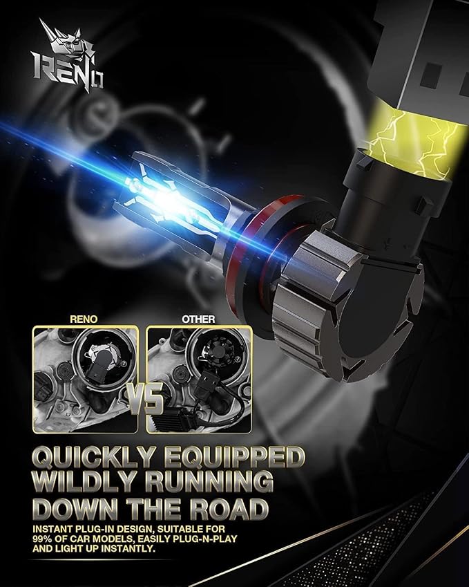 RENO 9005 H11 Bulb Combo, H11 9005 Fog Bulbs Fanless 6500K 800% Brighter 9005 H11 Light Bulbs Auxiliary Fog 52000LM Plug and Play, 4 Pack