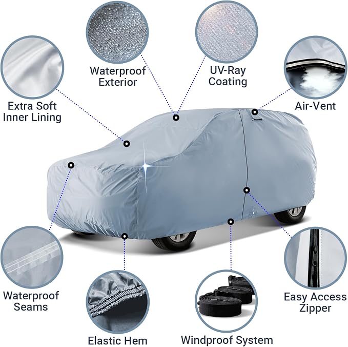 iCarCover 18-Layer SUV Car Cover Waterproof All Weather, UV Sun Protection Full Car Covers for Automobiles, Venue, Soul, XB, Defender 90, Tracker 4-Door, Samurai, Size S59 (See Size Chart)
