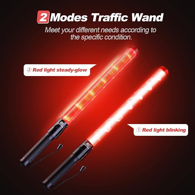 RoadHero 1 Pack Traffic Wand, 21 Inch Led Traffic Control Baton, Safety Light Wands with 2 Flashing Modes, Air Marshaling Signal Wand with Side Clip for Airport, Parking, Car Directing