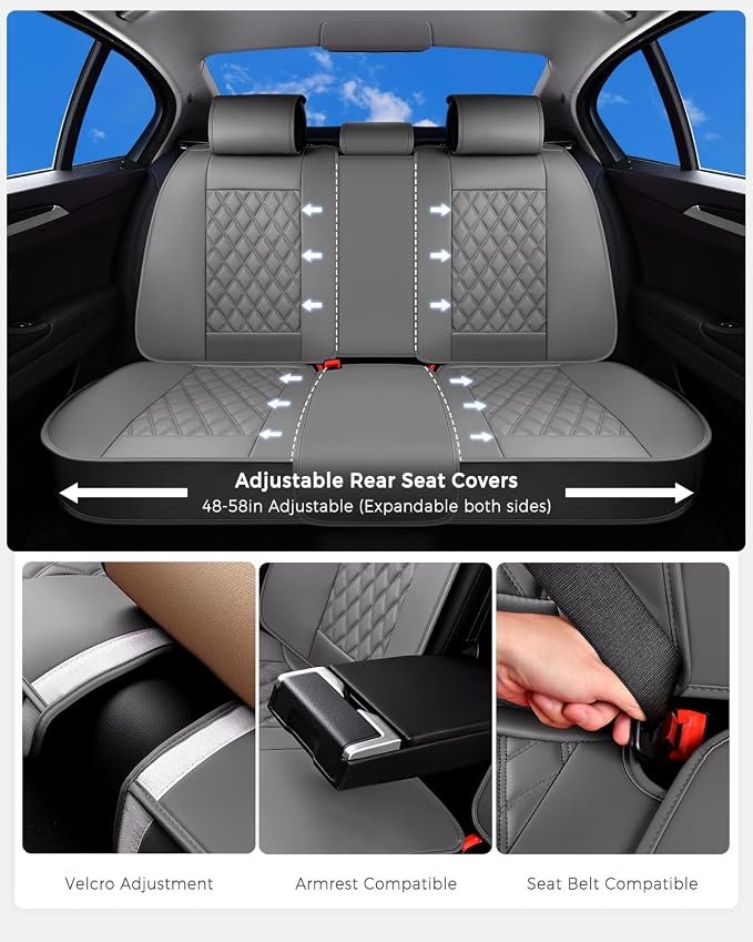Huidasource Gray Back Seat Cover, Rear Split Bench Leather Rear Seat Cover, Adjustable Back Seat Car Cover with Non-Slip, Universal Fit for Most Cars Sedan SUV Pickup Truck (Back Row/Gray)