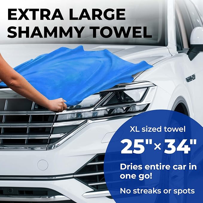 Premium XL Shammy Towel for Car - 2pk (34”x25”) - Super Absorbent Chamois Cloth - Spots & Scratch-Free - Reusable Car Drying Towel
