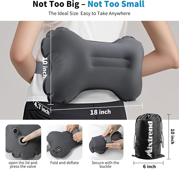 Mixtrend Travel Lumbar Pillow Inflatable Lumbar Support Pillow with Memory Foam, Back Support Pillow for Airplane Long Flight, Essential Travel Support Pillow for Women Men Kids（Chrcoal Grey）