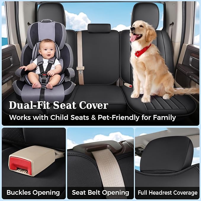 Truckiipa Seat Covers for Dodge Ram 1500 Full Set, Full Coverage Waterproof Leather Protectors Pickup Truck Accessories, Custom Fit for 2002-2025 Ram 1500 2500 3500 Crew Mega Cab, Black