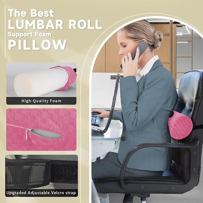 Coeyese Lumbar Roll Pillow for Lower Back Support, Pink, Short-11 * 4.3'' | Removable Pillowcase, Upgraded Adjustable Strap, Suitable for Office, Chair, Car, Seat Pain Relief & Improving Posture