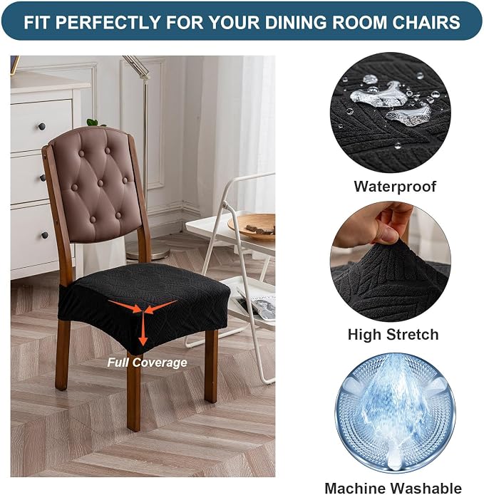 Removable Washable Dining Chair Seat Covers Set of 6,Stretch Jacquard Chair Seat Cushion Protector Slipcovers, Rear Covers