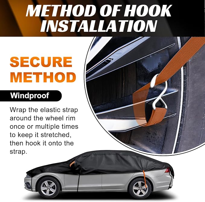 Half Car Cover Sedan, Hail Protector Car Cover with Cotton Liner, Sunroof & Windshield Cover for Ice and Snow, All Weather Vehicle Body Cover for Sun, Rain, Dust