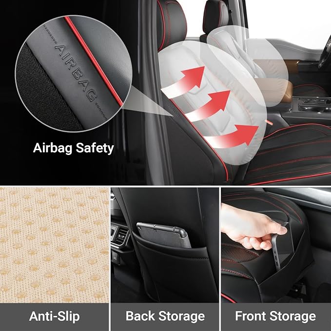 Coverland Custom Truck Car Seat Covers Front Seats for [2004-2011 Ford Ranger Super Cab Bucket Seats] - Protector Water Resistant Leather Memory Form Seat Cushion [Front - Black with Red Stitching]