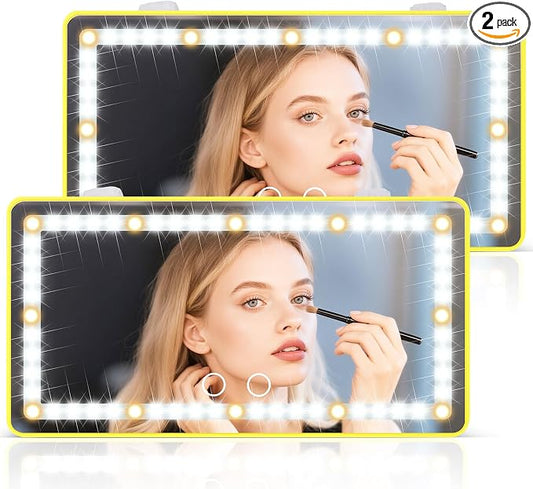 SINGARO 2PCS Car Sun Visor Vanity Mirror - Rechargeable Makeup Mirror with 60 LEDs, 3 Light Modes & Dimmable Touch Control for Cars, Trucks, SUVs, Car Interior Accessories for Women (Yellow)