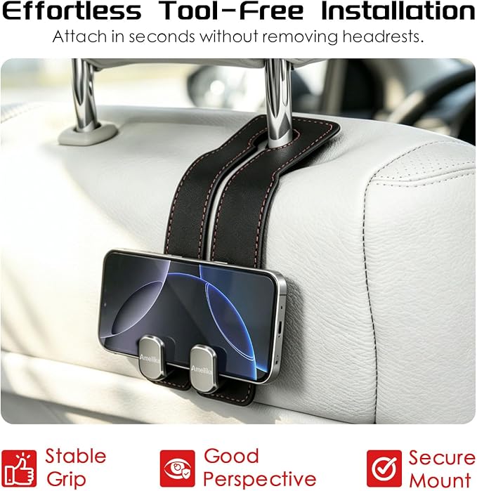 Car Headrest Hook, Car Seat Headrest Hooks and Purse Hook for Car, Leather Seat Back Organizer with Phone Holder, Universal Hidden Storage for SUV/Truck (Light Blue-2Pack)