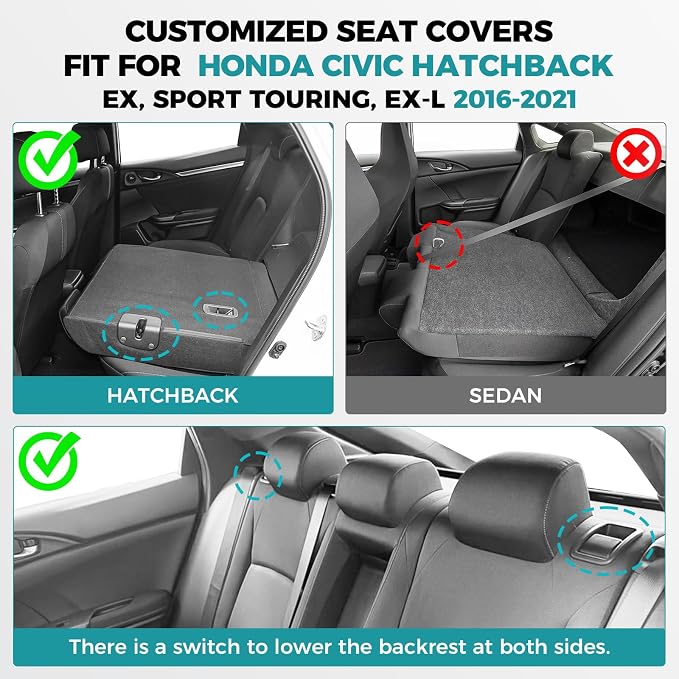 Seat Covers for Honda Civic Hatchback LX, EX, EXL, Sport, Touring, 2016-2021, Faux Leather Car Seats Cover Full Set Seatback Waterproof, Black (60/40 Split Seatback)