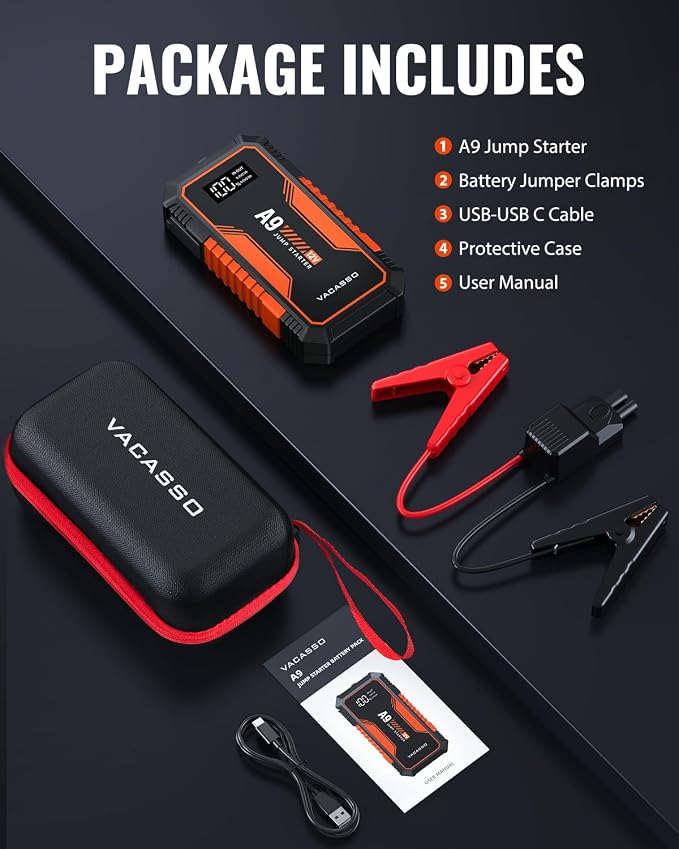 Jump Starter 4000A, VACASSO A9 Battery Jumper Starter Portable (7L Gas/4L Diesel), 12V Car Battery Booster Jump Starters Pack, Jumpstart with USB Ports, Jumper Cables, LED Light, Storage Case