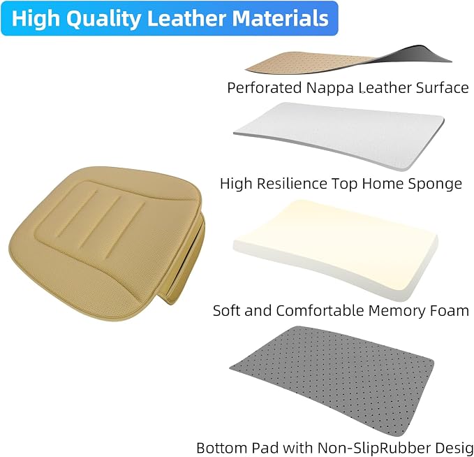 KAYI Car Seat Cushion, Comfort Memory Foam Car Cushions for Driving, Breathable Leather Surface with Anti Slip Rubber Bottom, Seat Cushion for Car and Office Chair (2 Pack, Beige)